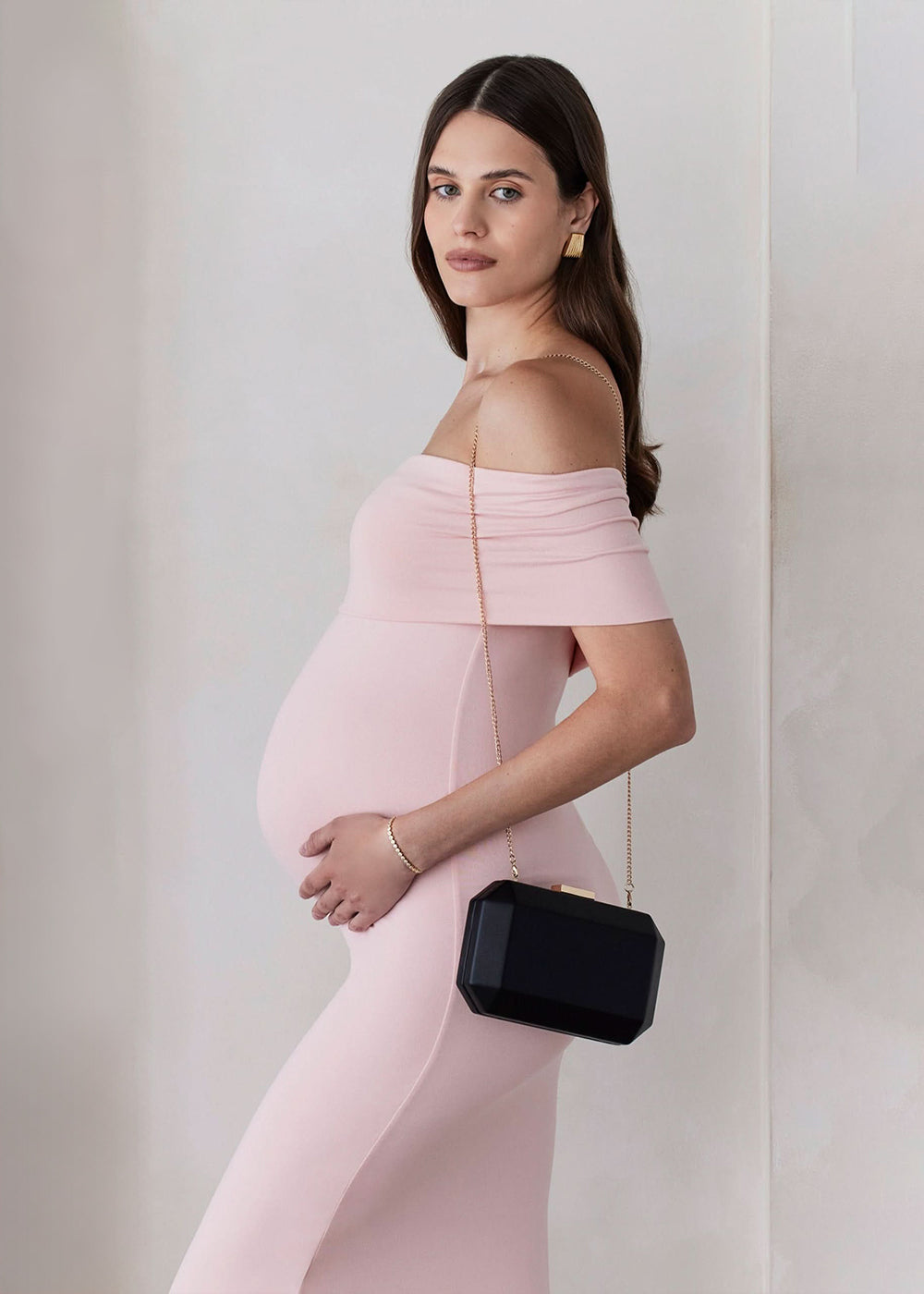 The Bumpsuit Maternity The Bianca Off Shoulder Maxi Dress in Dusty Pink