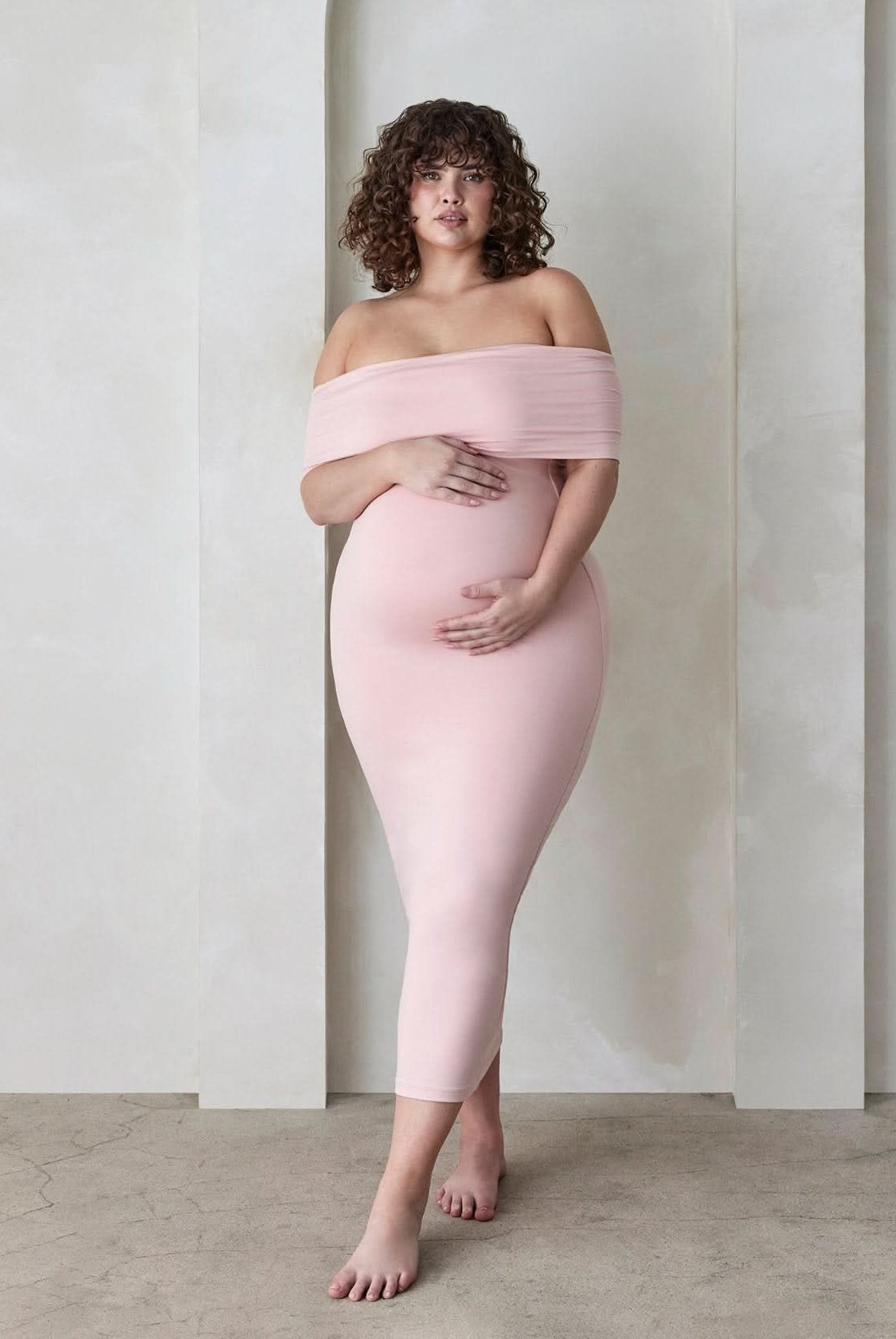 The Bumpsuit Maternity The Bianca Off Shoulder Maxi Dress in Dusty Pink