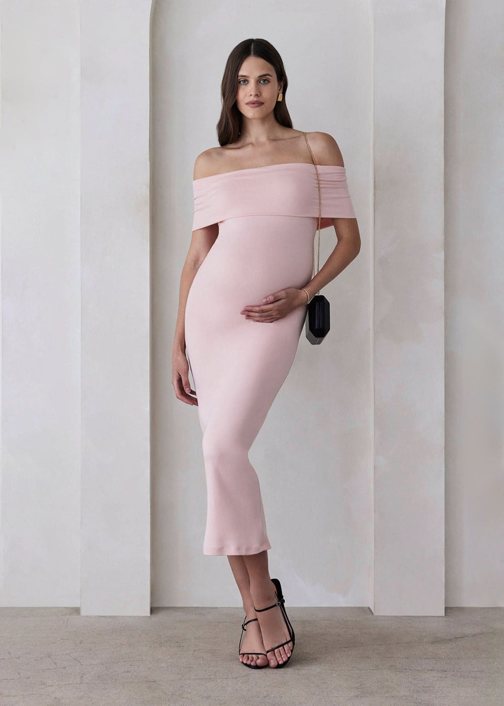 The Bumpsuit Maternity The Bianca Off Shoulder Maxi Dress in Dusty Pink