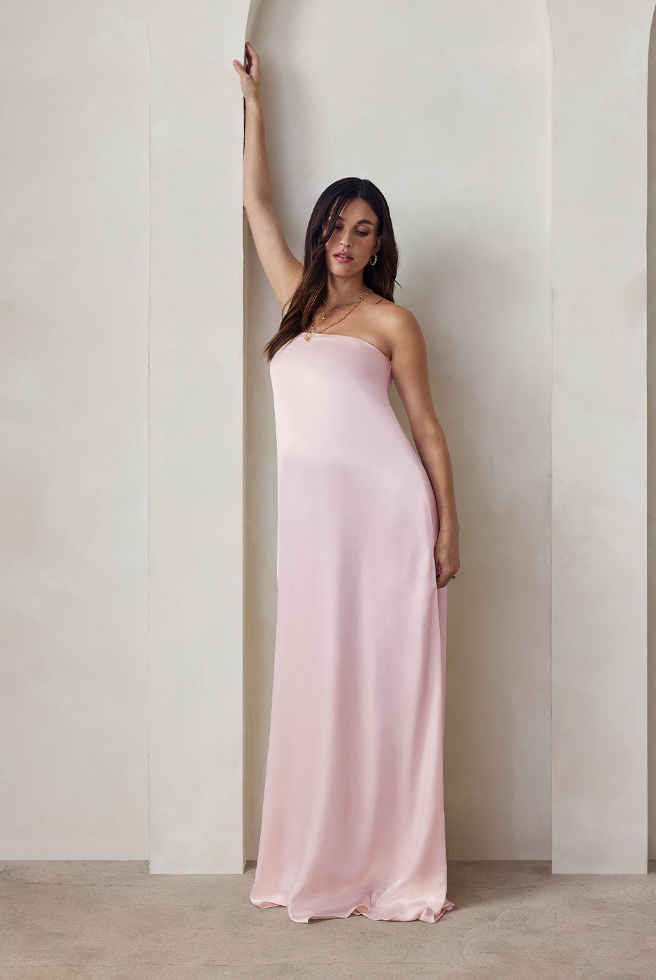 the brushed satin strapless maxi maternity gown in dusty pink