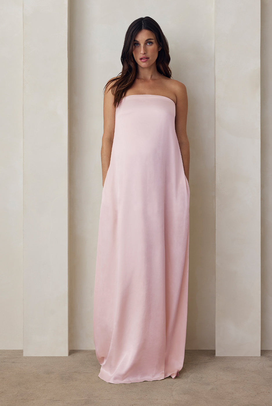 the brushed satin strapless maxi maternity gown in dusty pink