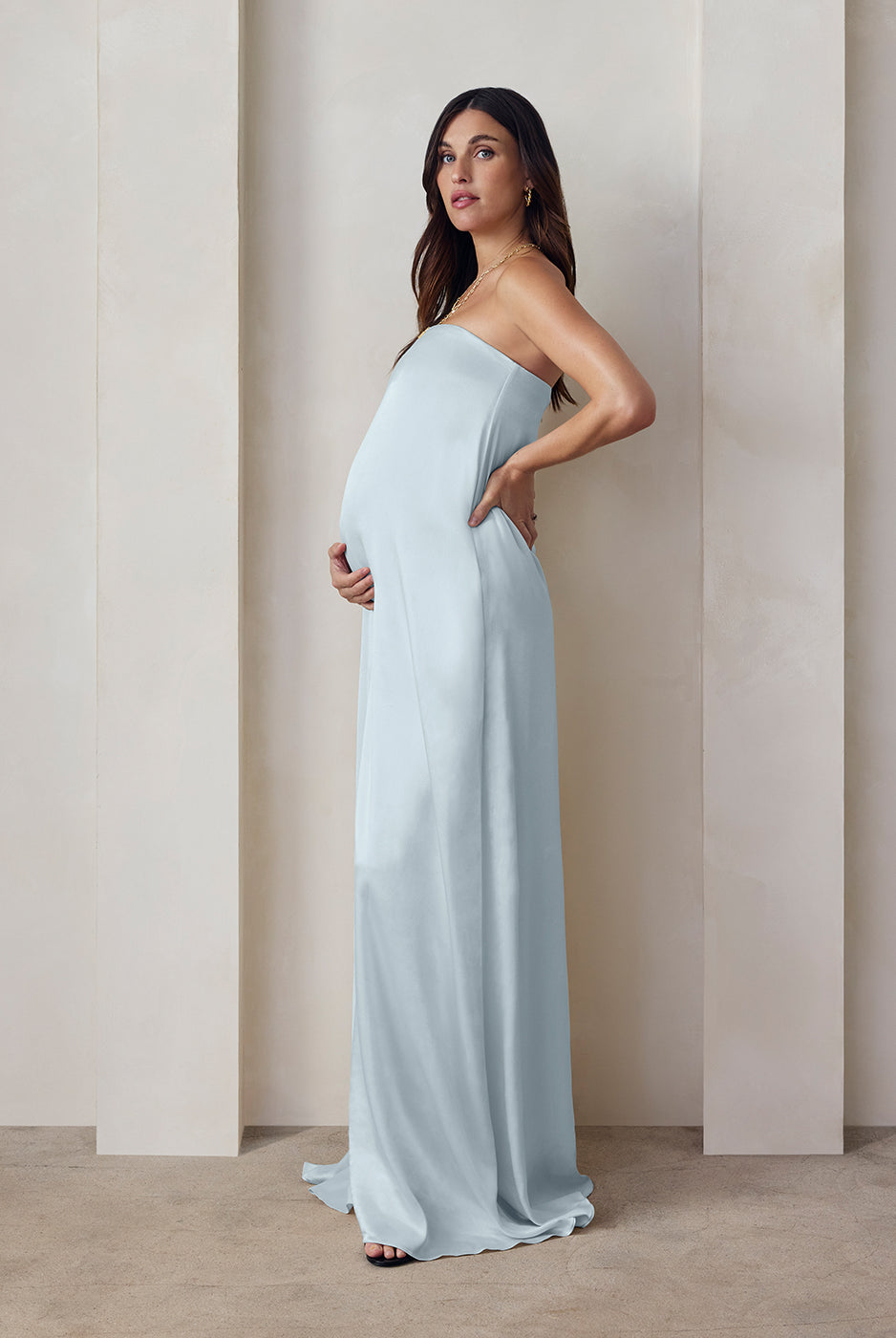 the brushed satin strapless maxi maternity gown in powder blue