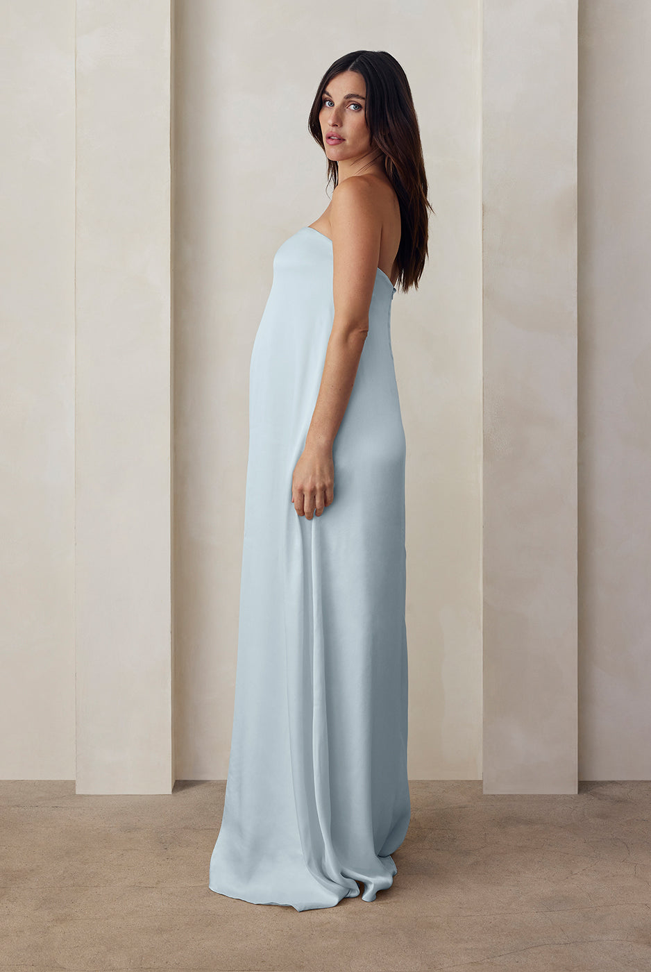 the brushed satin strapless maxi maternity gown in powder blue
