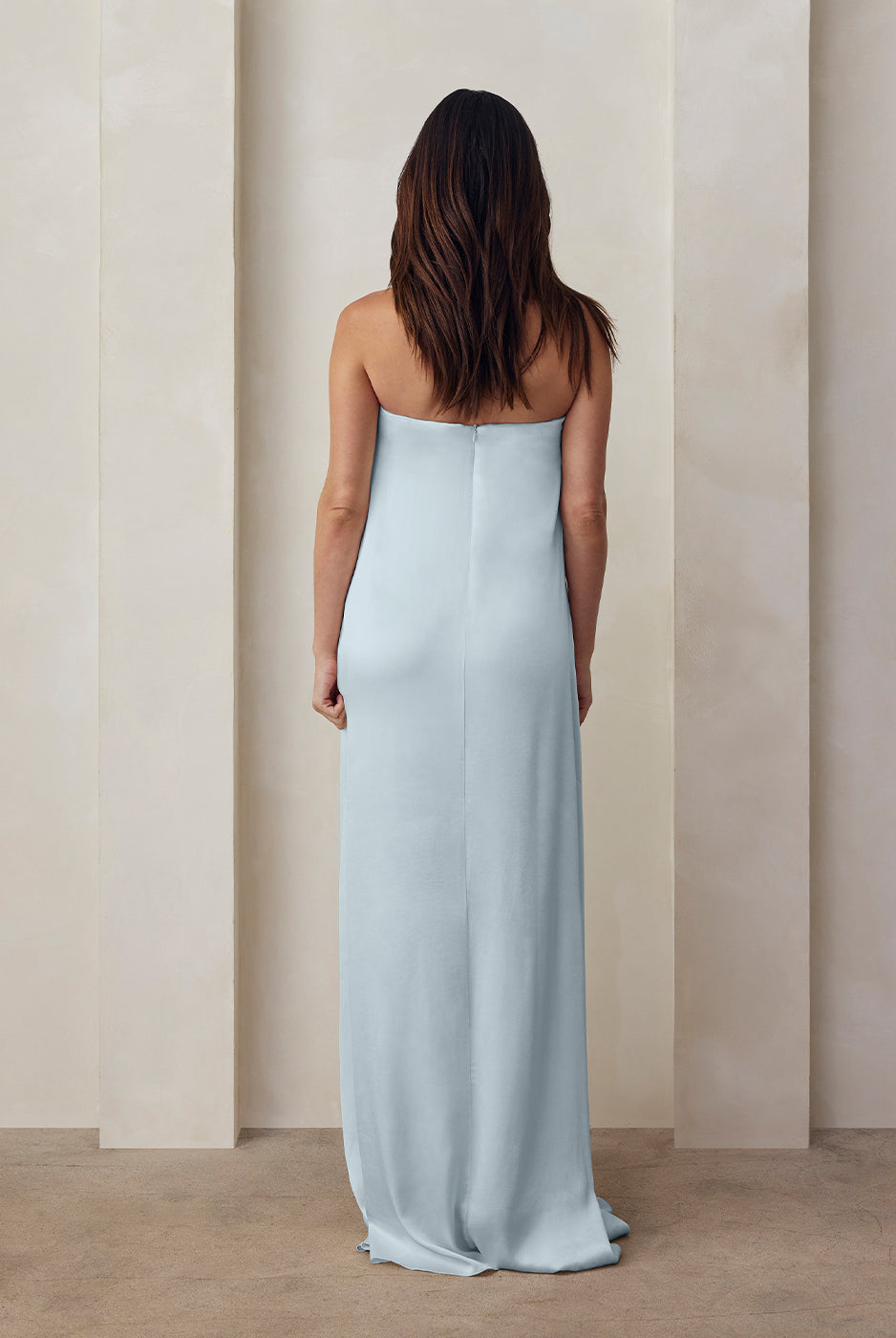 the brushed satin strapless maxi maternity gown in powder blue