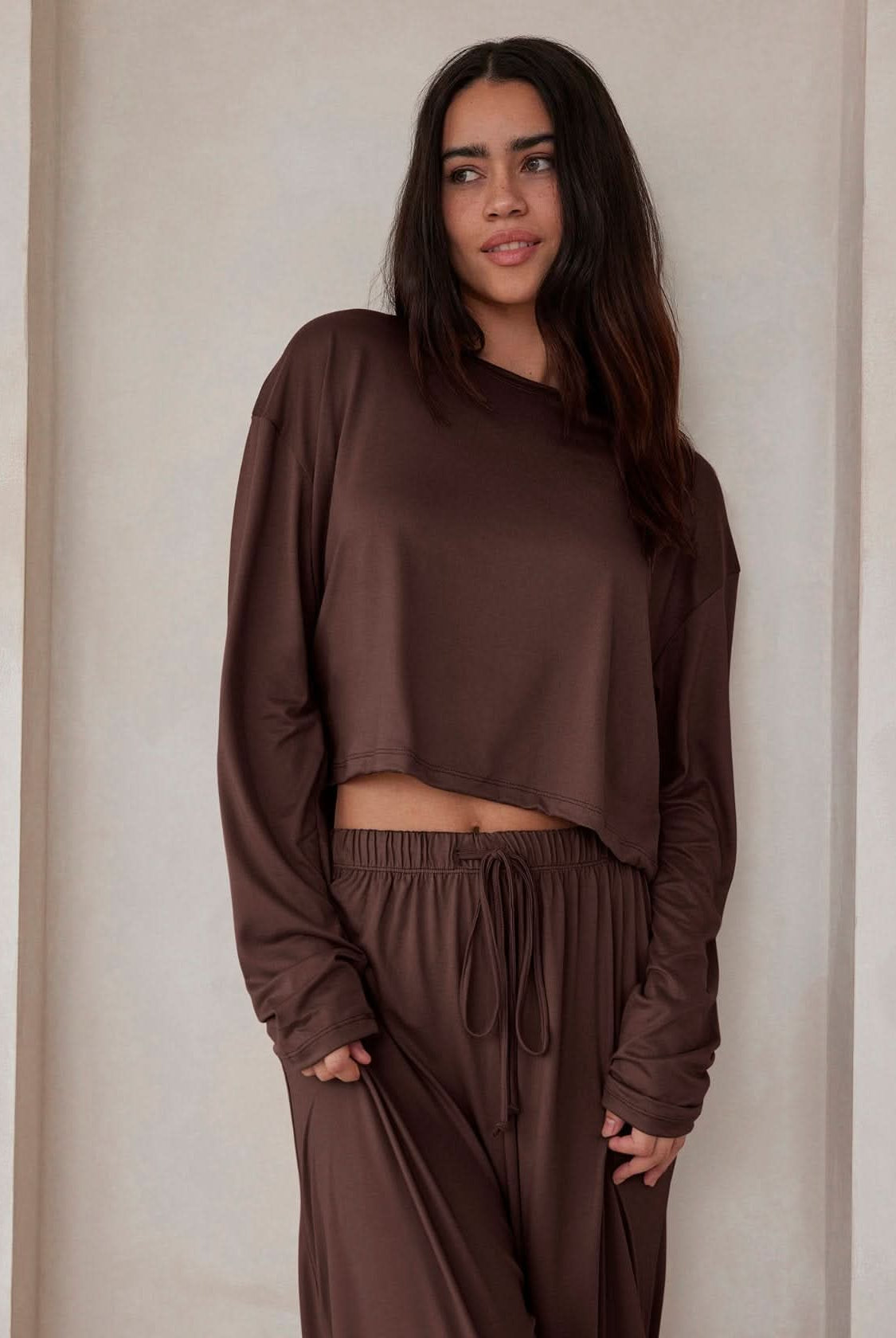 the cloud long sleeve crop tee in chocolate