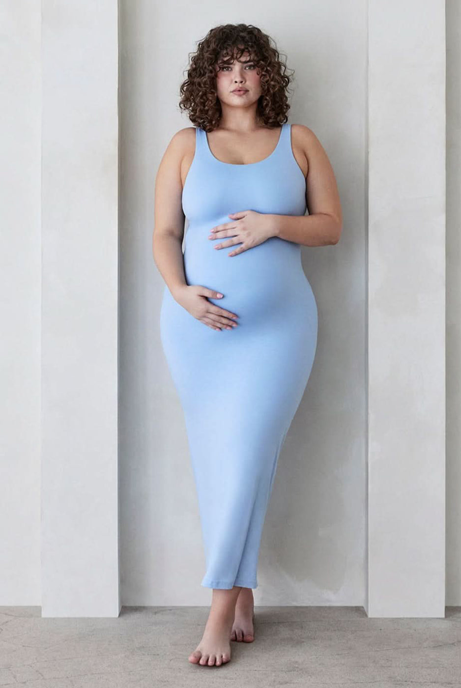 the elle maternity sleeveless scoop neck maxi dress in powder blue