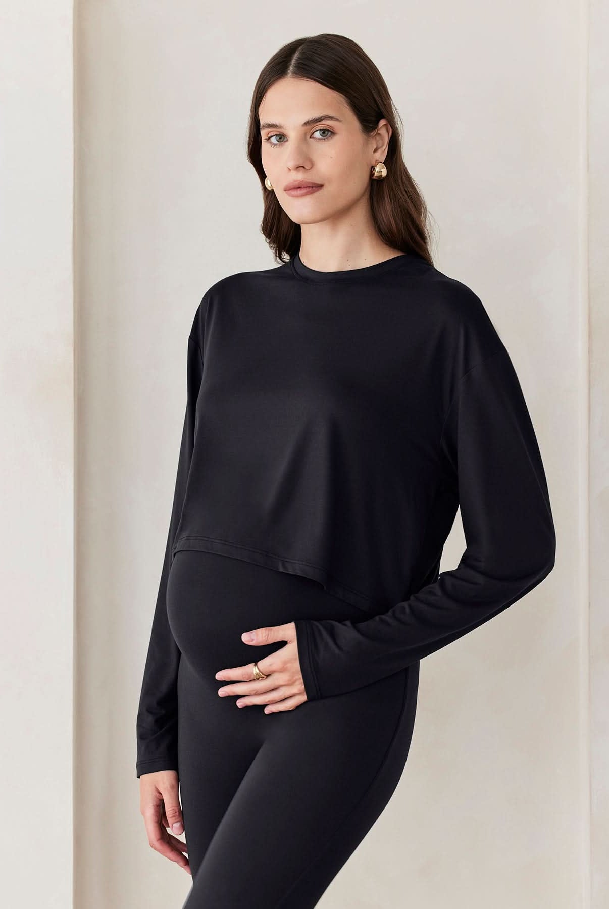 Bumpsuit Maternity The Cloud Crop Long Sleeve Loungewear Tee in Black