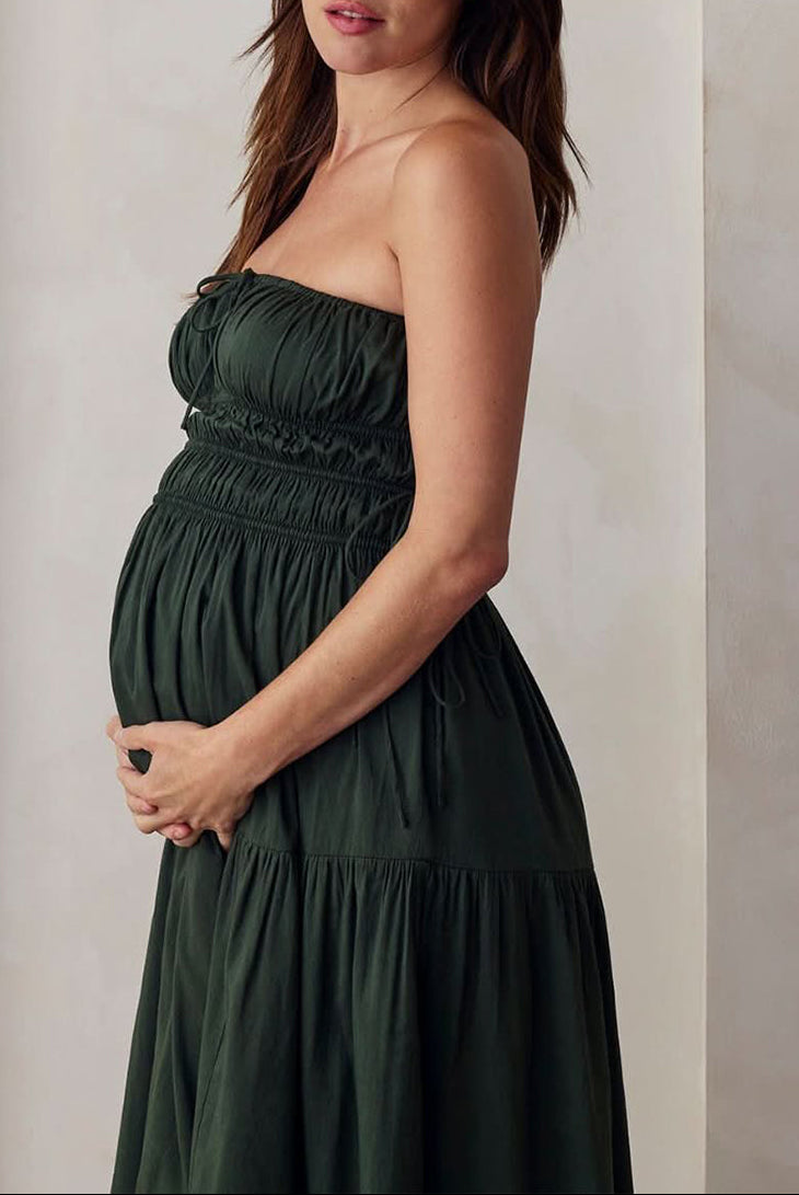 the bumpsuit maternity shirred strapless floor length gown in forest green