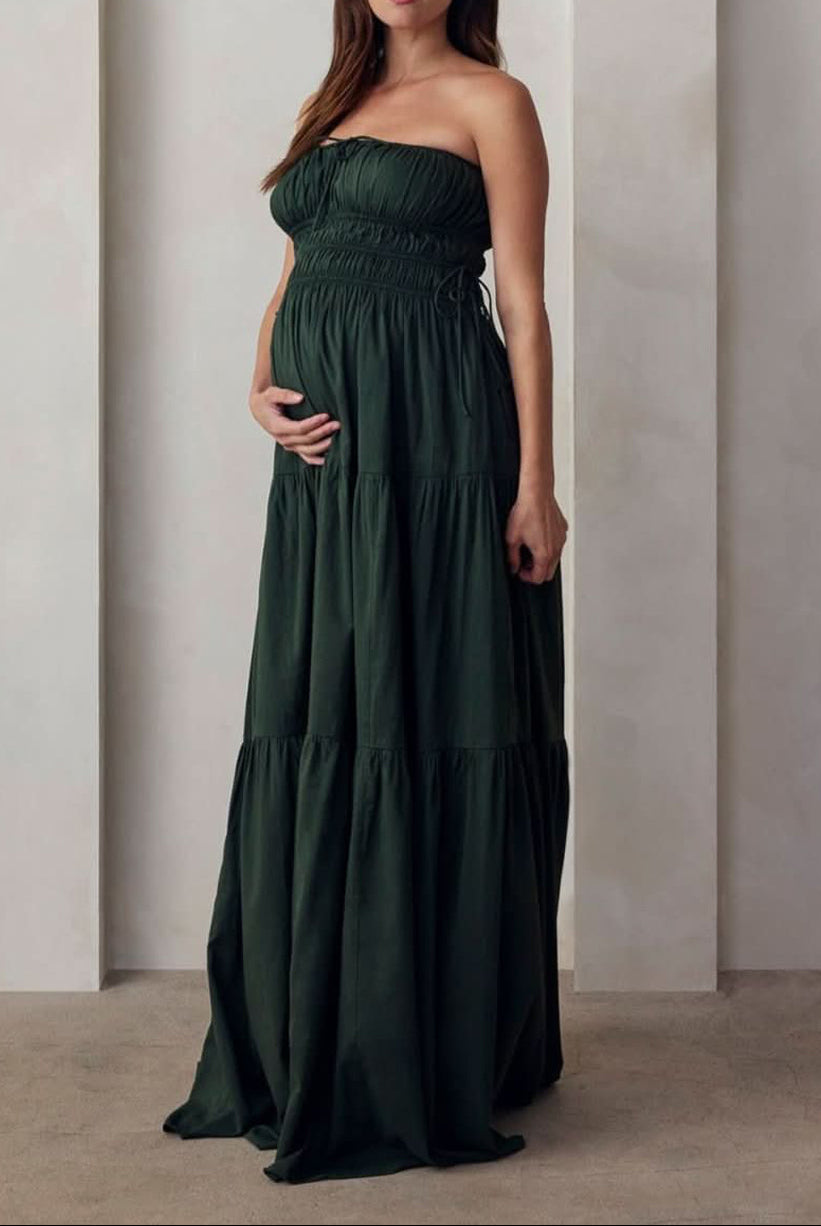 the bumpsuit maternity shirred strapless floor length gown in forest green