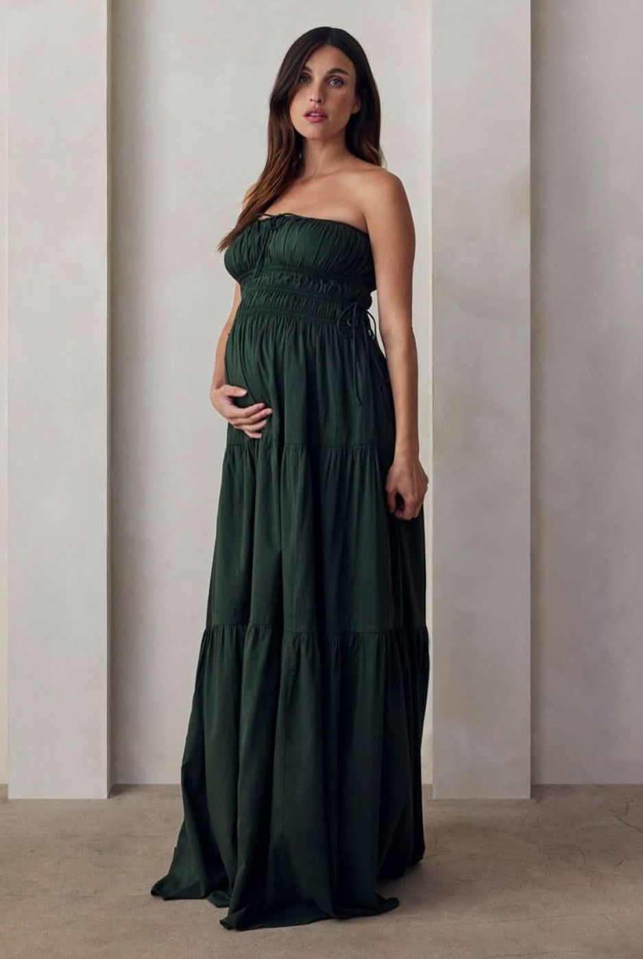 the bumpsuit maternity shirred strapless floor length gown in forest green