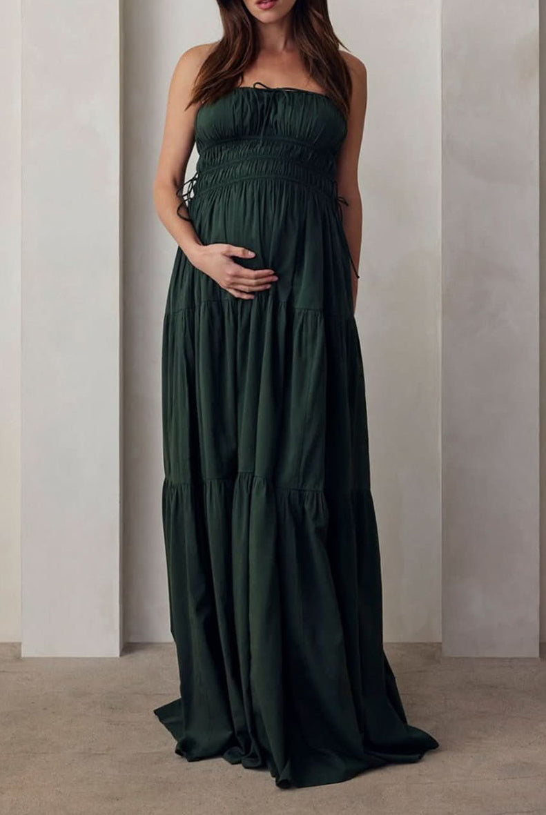 the bumpsuit maternity shirred strapless floor length gown in forest green