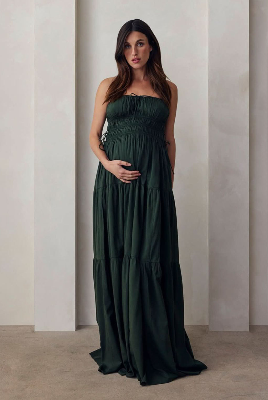 the bumpsuit maternity shirred strapless floor length gown in forest green