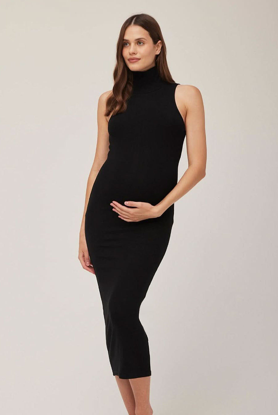 Bumpsuit Maternity Soft Rib Turtleneck Sleeveless Dress in Black