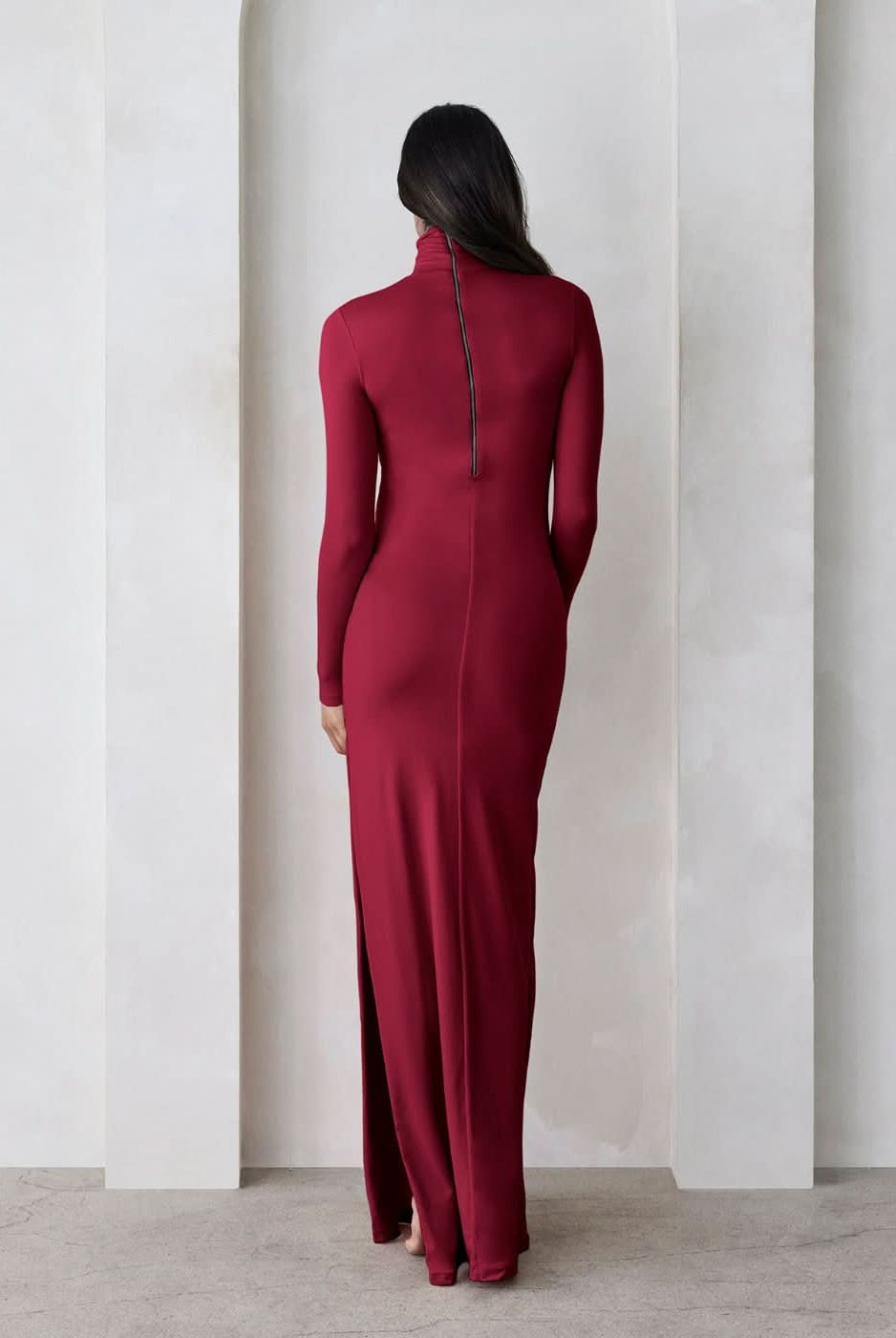 the monica turtleneck long sleeve maxi dress with side slit in burgundy