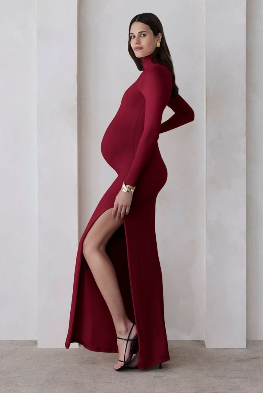 the monica turtleneck long sleeve maxi dress with side slit in burgundy