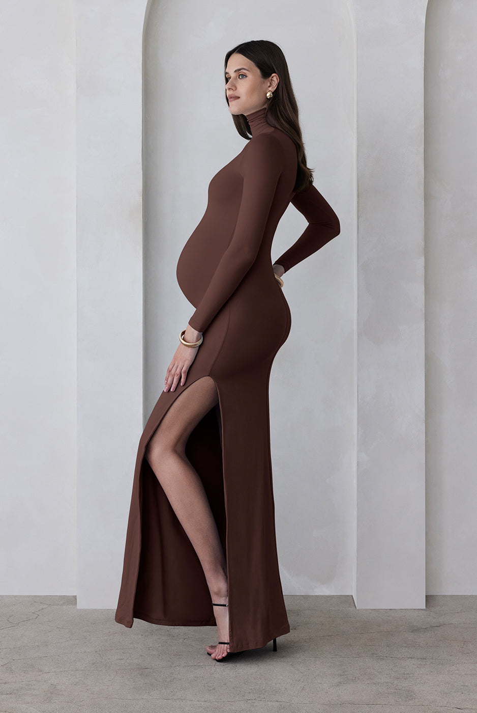 the monica maternity turtleneck long sleeve maxi dress in chocolate