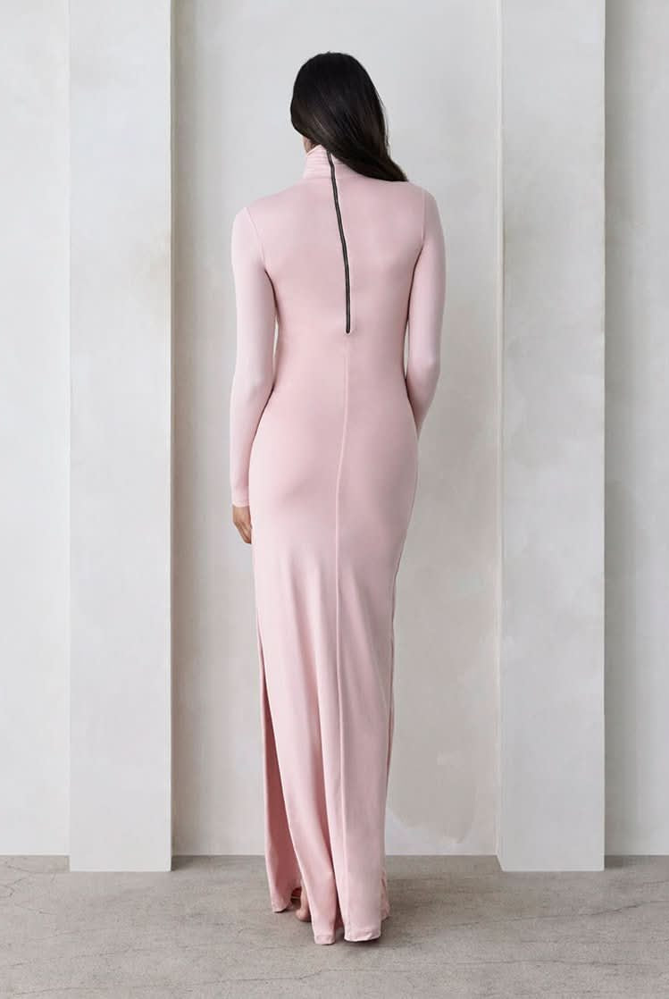Bumpsuit Maternity The Monica Turtleneck Longsleeve Maxi Dress with slit in Dusty Pink