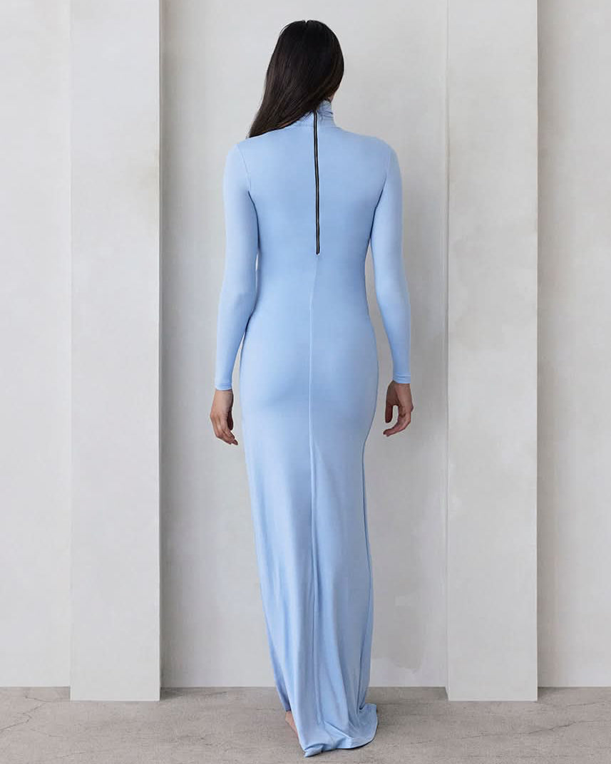 Bumpsuit Maternity The monica Turtleneck Long sleeve Dress with side slit in powder blue