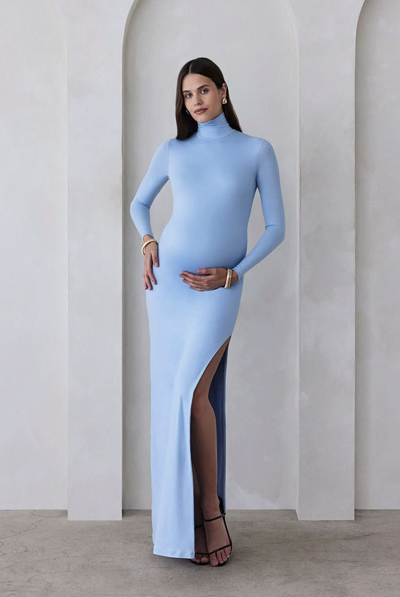 Bumpsuit Maternity The monica Turtleneck Long sleeve Dress with side slit in powder blue