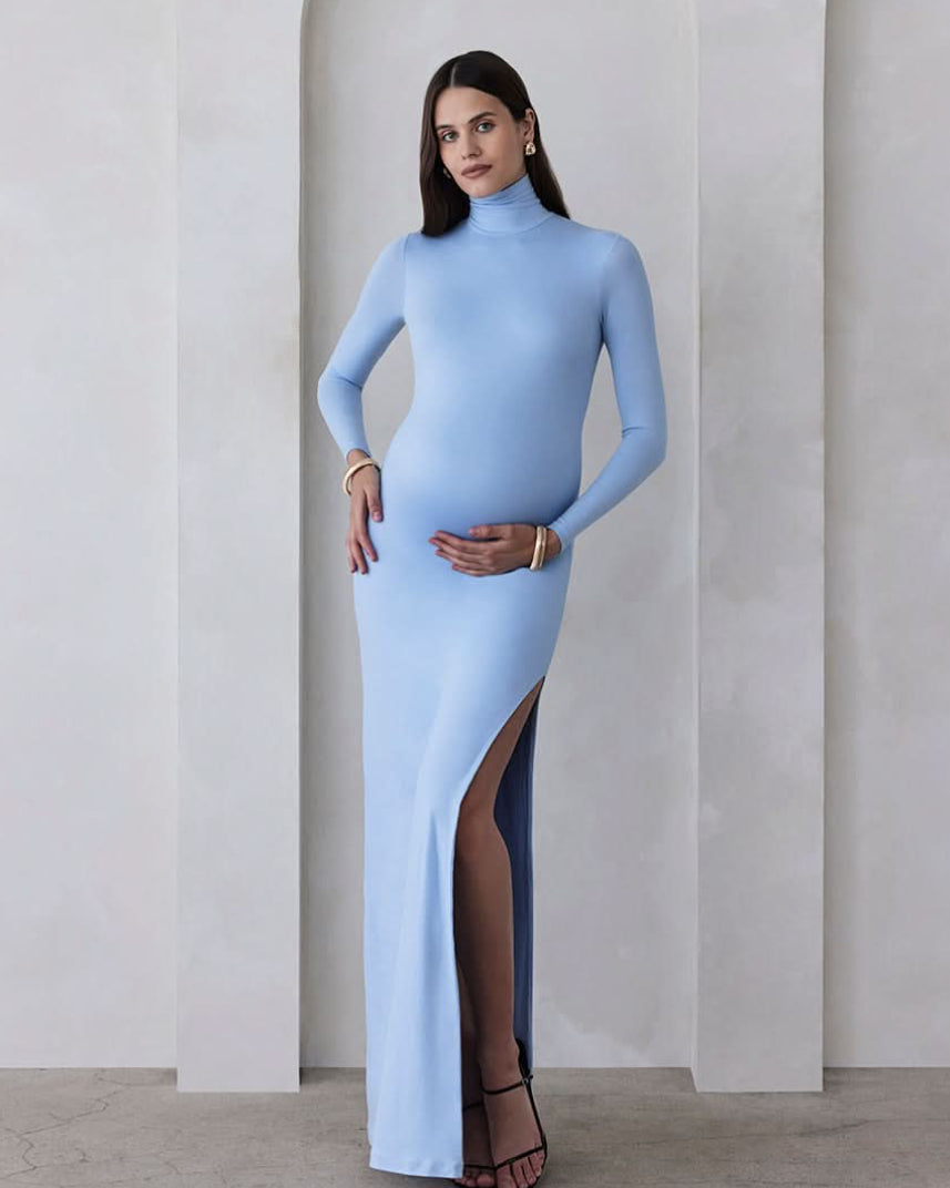 Bumpsuit Maternity The monica Turtleneck Long sleeve Dress with side slit in powder blue