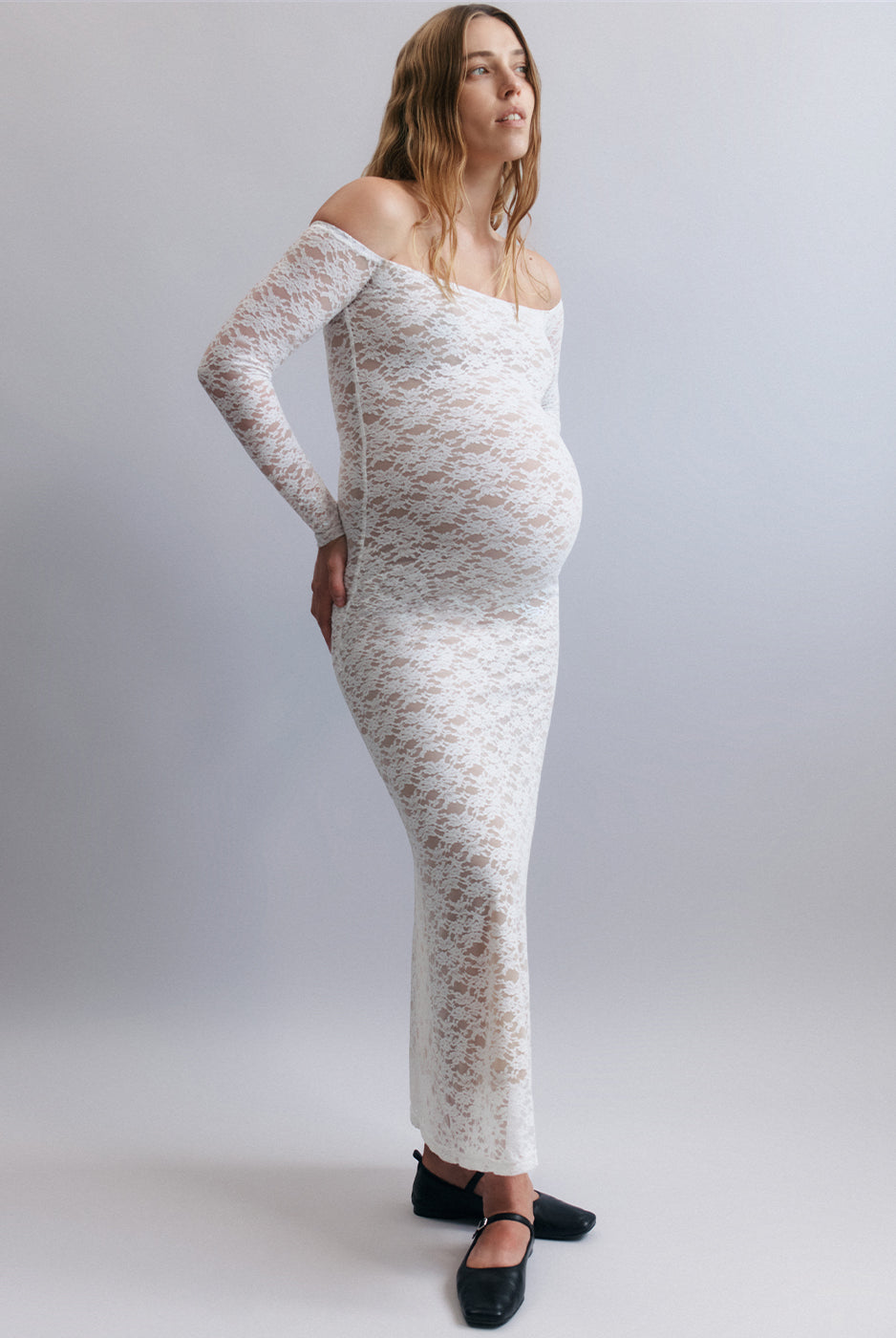 the off the shoulder lace maternity maxi dress in ivory