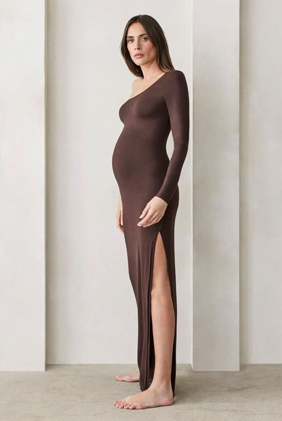 Bumpsuit Maternity The One Shoulder Evening Dress with side slit in chocolate