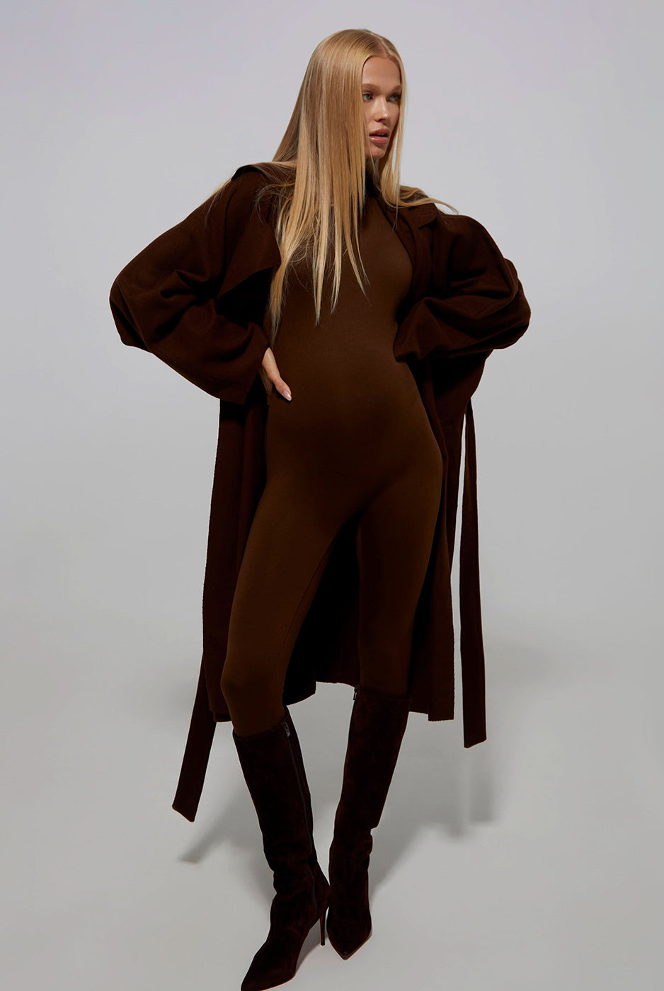 the penelope maternity turtleneck longsleeve jumpsuit in chocolate