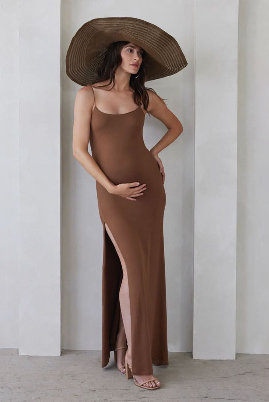 bumpsuit maternity the rosie square neck spaghetti strap maxi dress in mocha