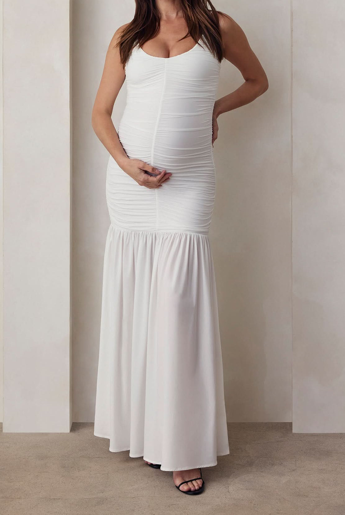 ruched airbrush frilled maxi dress in ivory