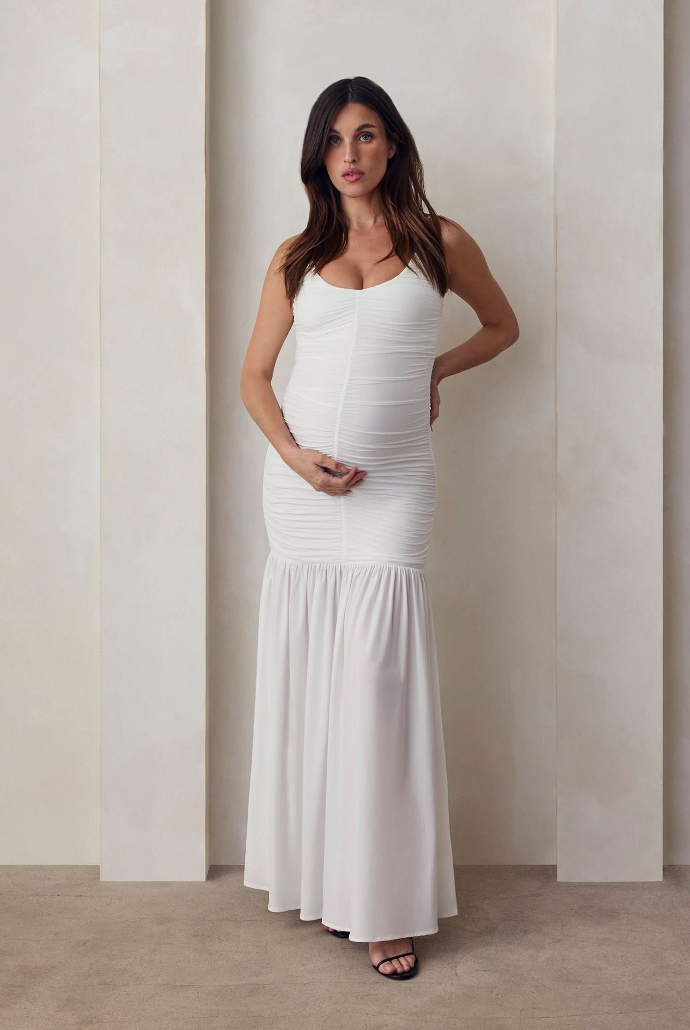 ruched airbrush frilled maxi dress in ivory