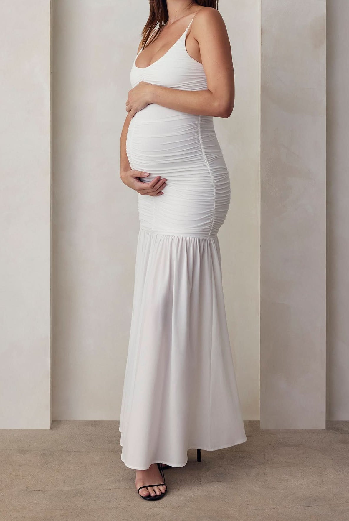 ruched airbrush frilled maxi dress in ivory