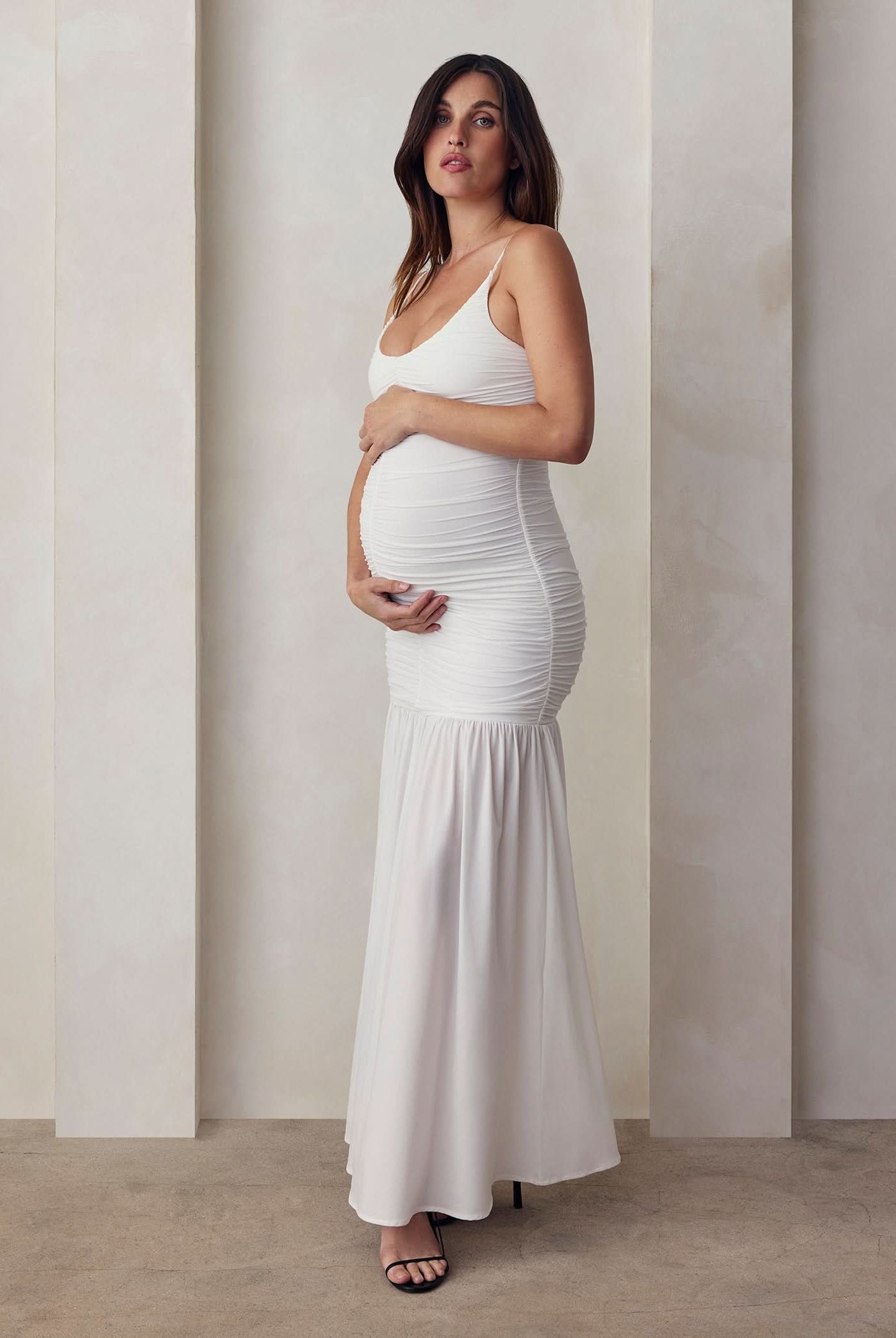 ruched airbrush frilled maxi dress in ivory