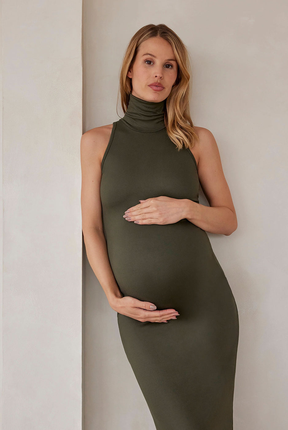the serena turtleneck sleeveless maternity maxi dress in olive