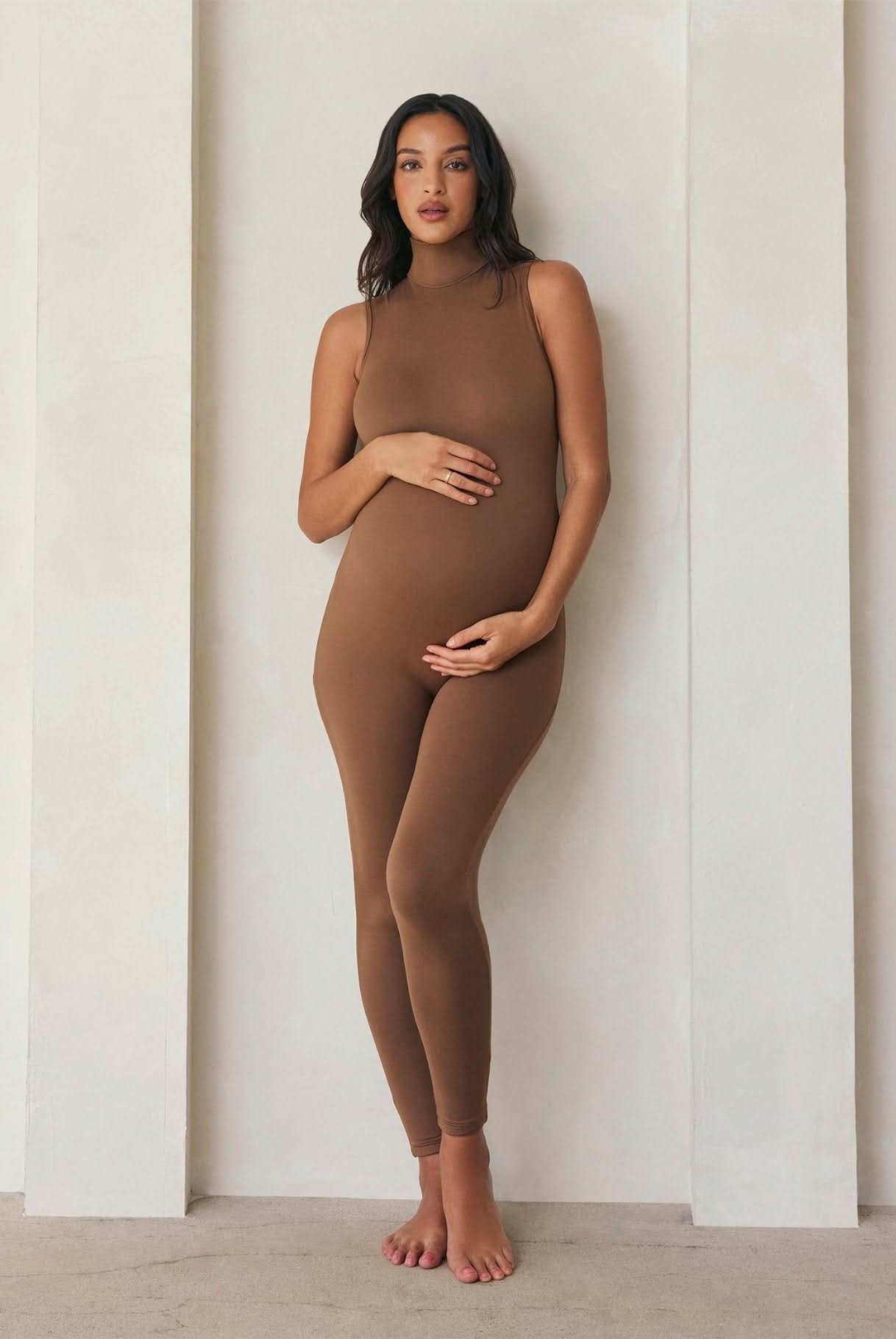 the stevie maternity turtleneck unitard in mocha bumpsuit