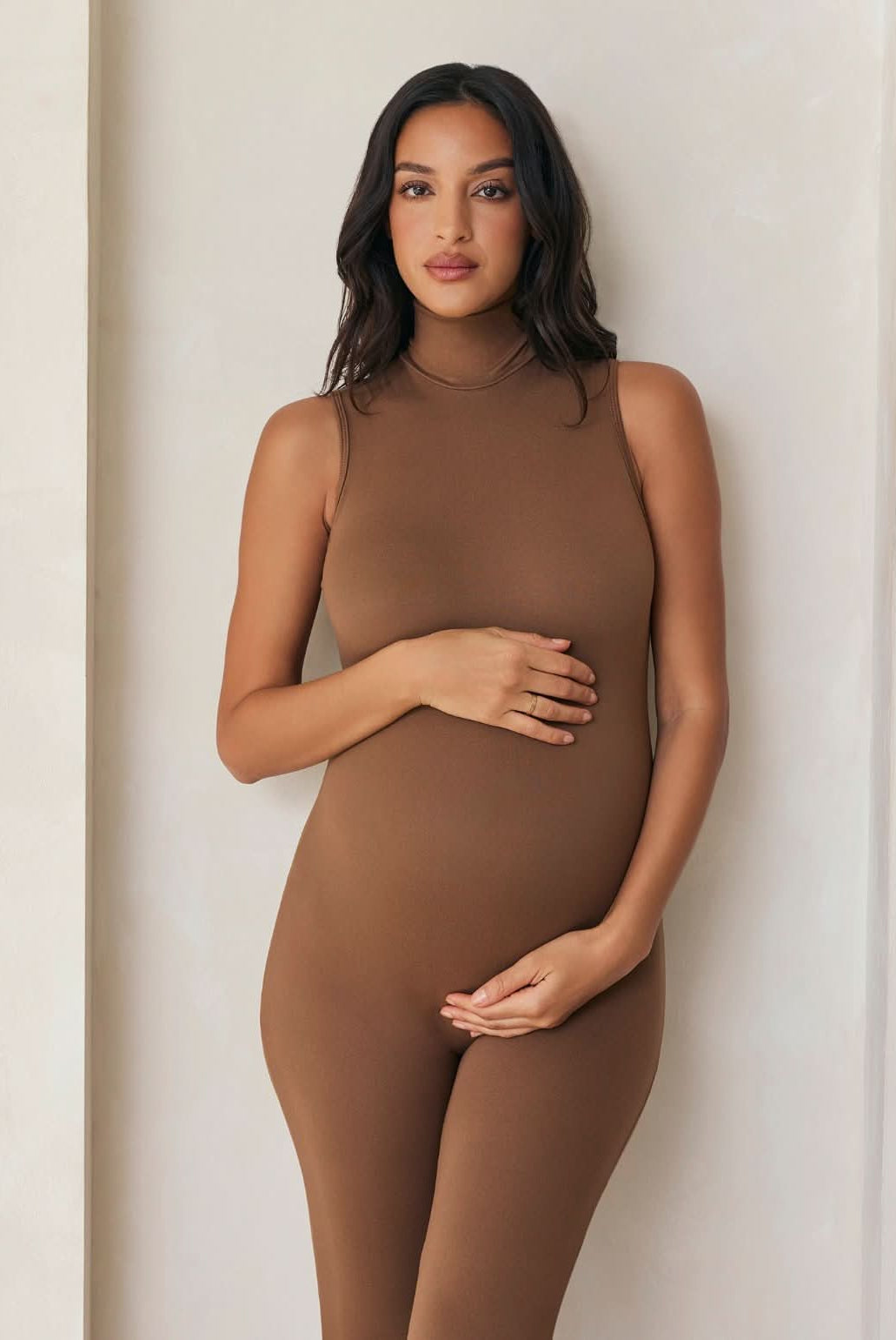 the stevie maternity turtleneck unitard in mocha bumpsuit