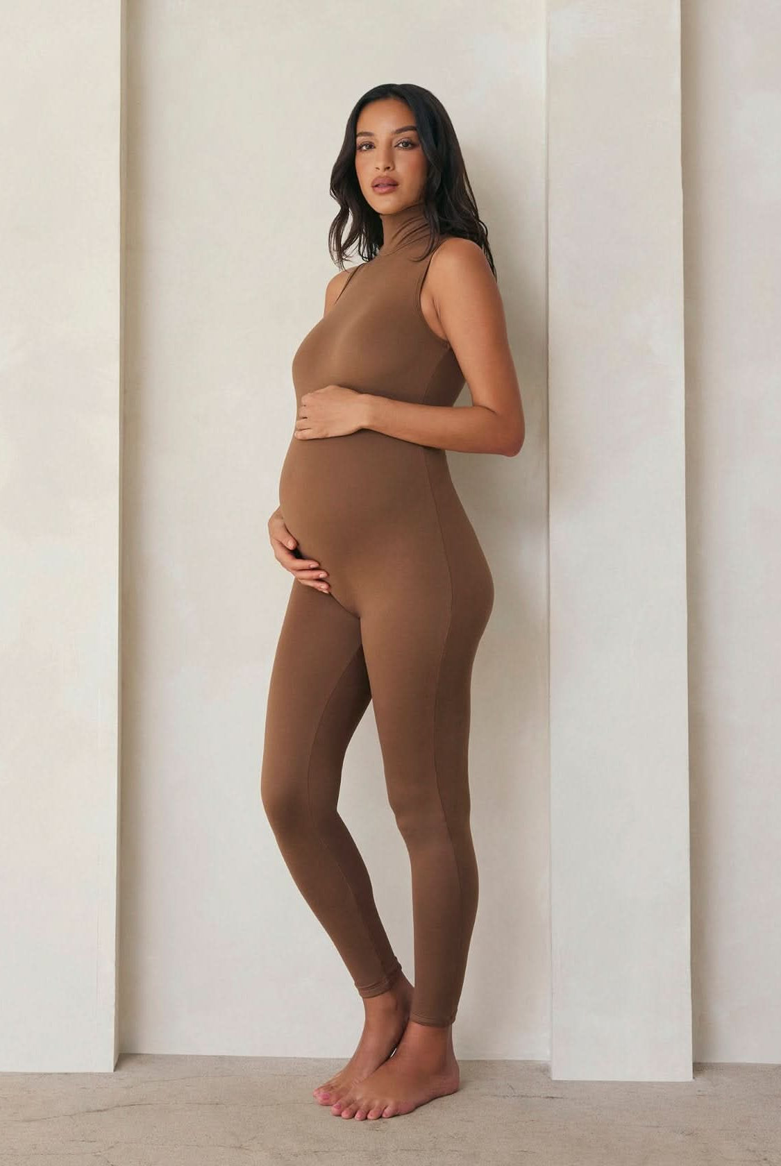 the stevie maternity turtleneck unitard in mocha bumpsuit