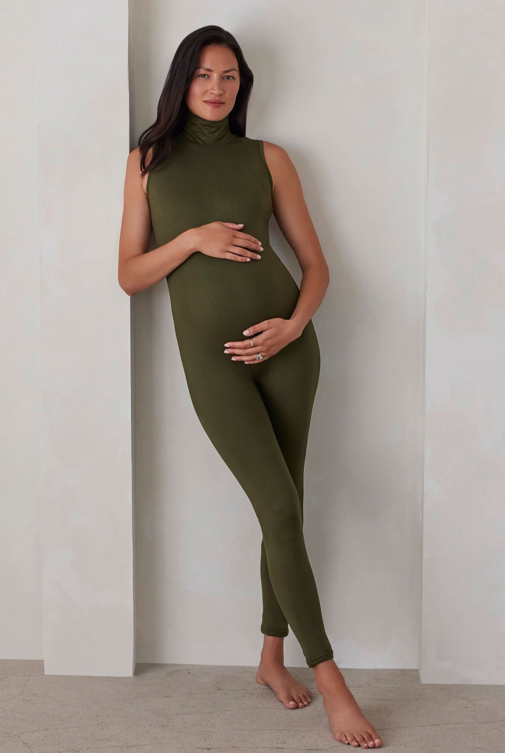 bumpsuit maternity the stevie turtleneck sleeveless jumpsuit in olive