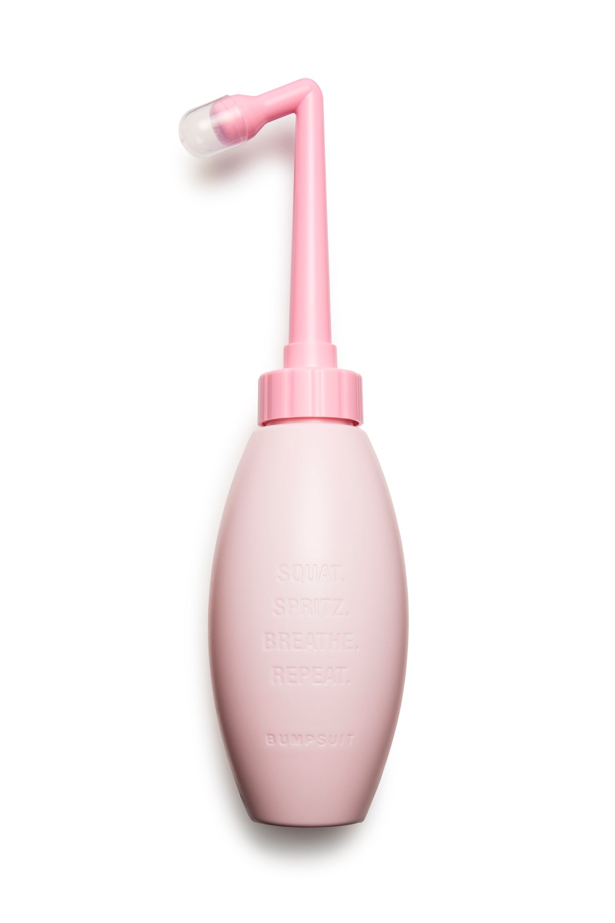 Close-up of NO-STING SPRITZ peri bottle showcasing its ergonomic angled spray in Ice Pink on a white background