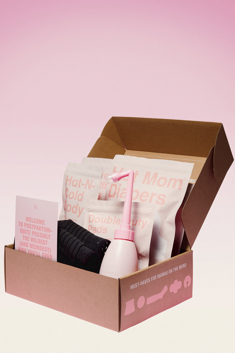 Box of women's post partum care products on a pink background