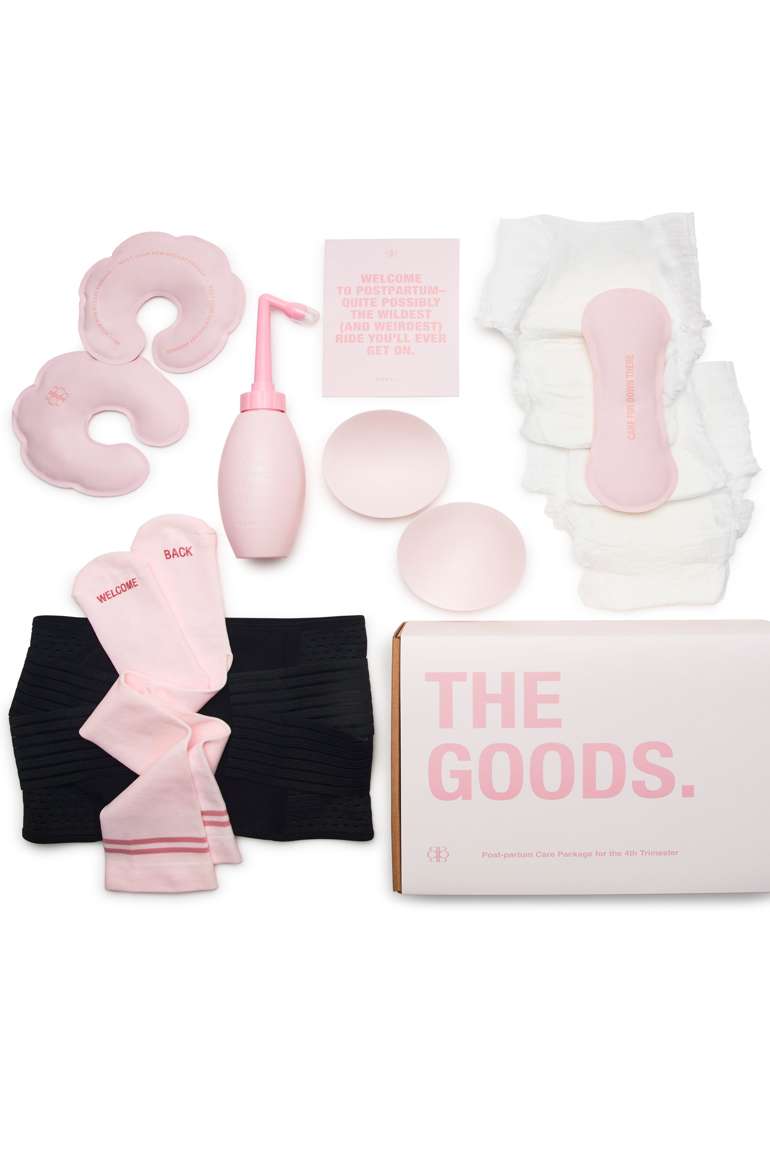 Collection of women's post party care products including a spray bottle, socks, and a box labeled 'The Goods' on a white background.