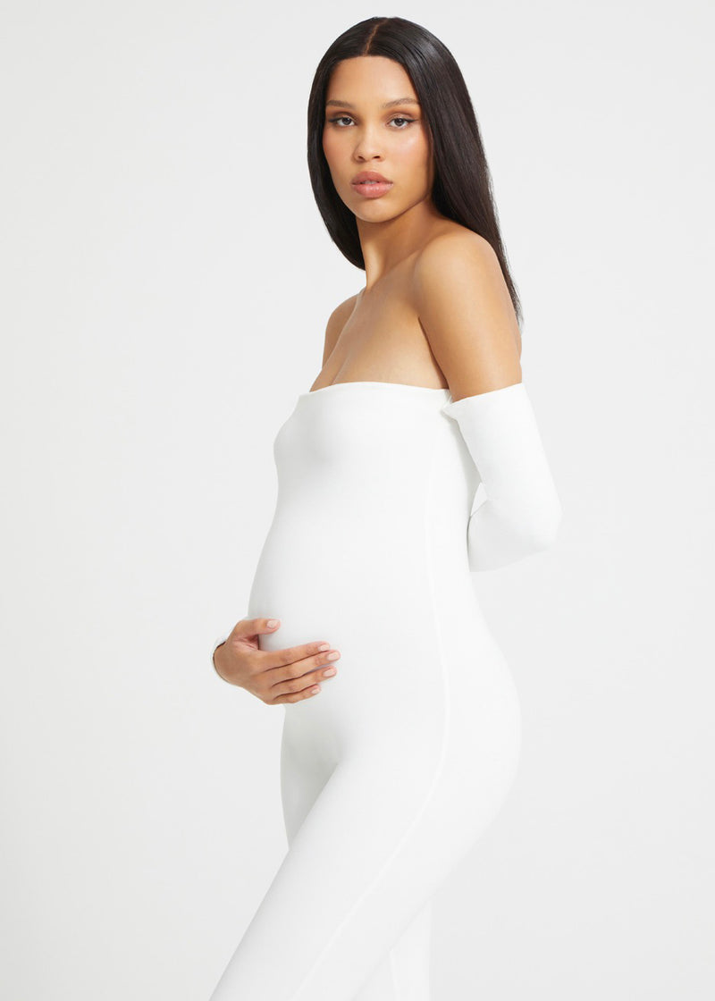 nara smith the bella bumpsuit in ivory