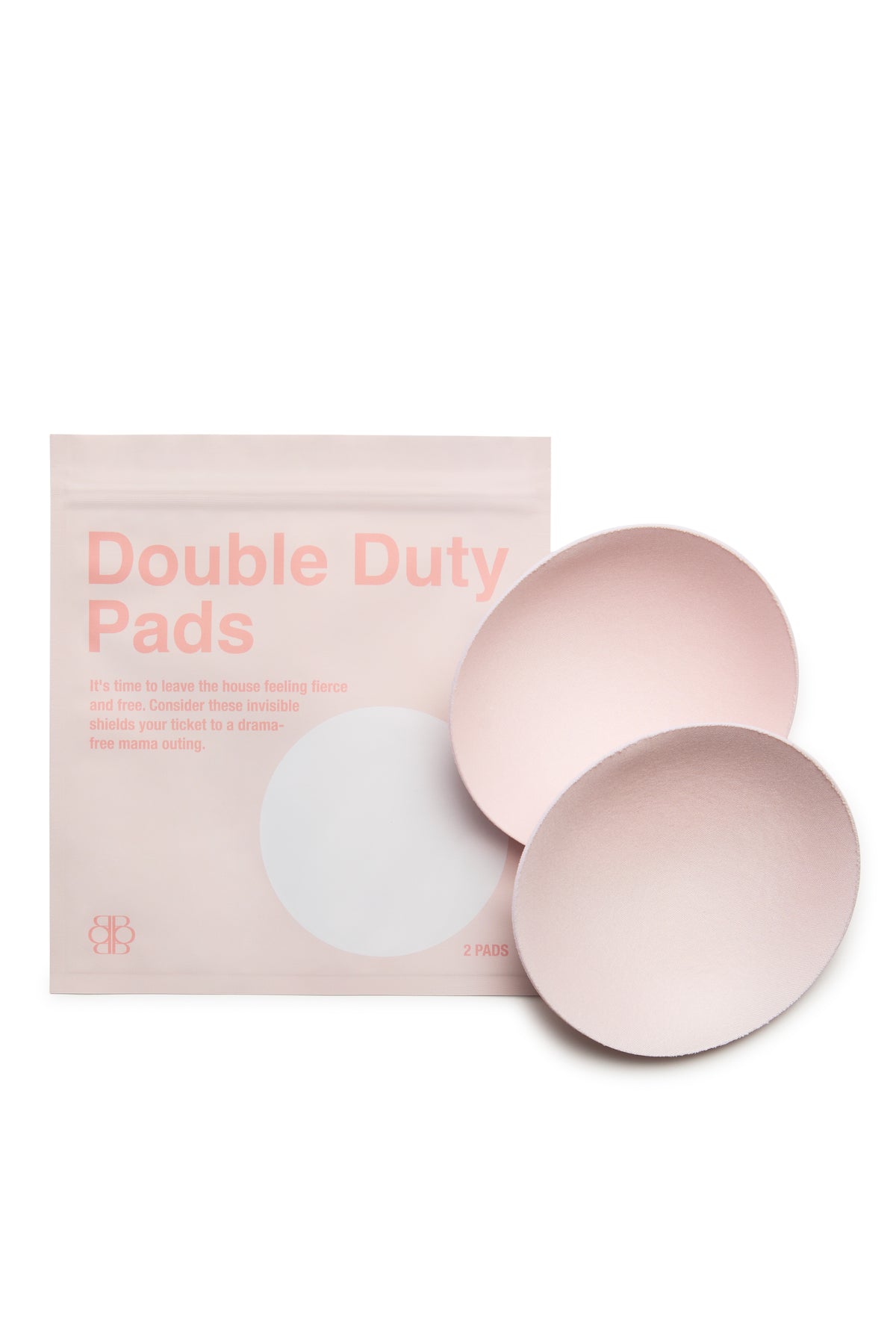 Front view of Double Duty Pads showcasing two ice pink reusable nursing pads and matching package on a white background