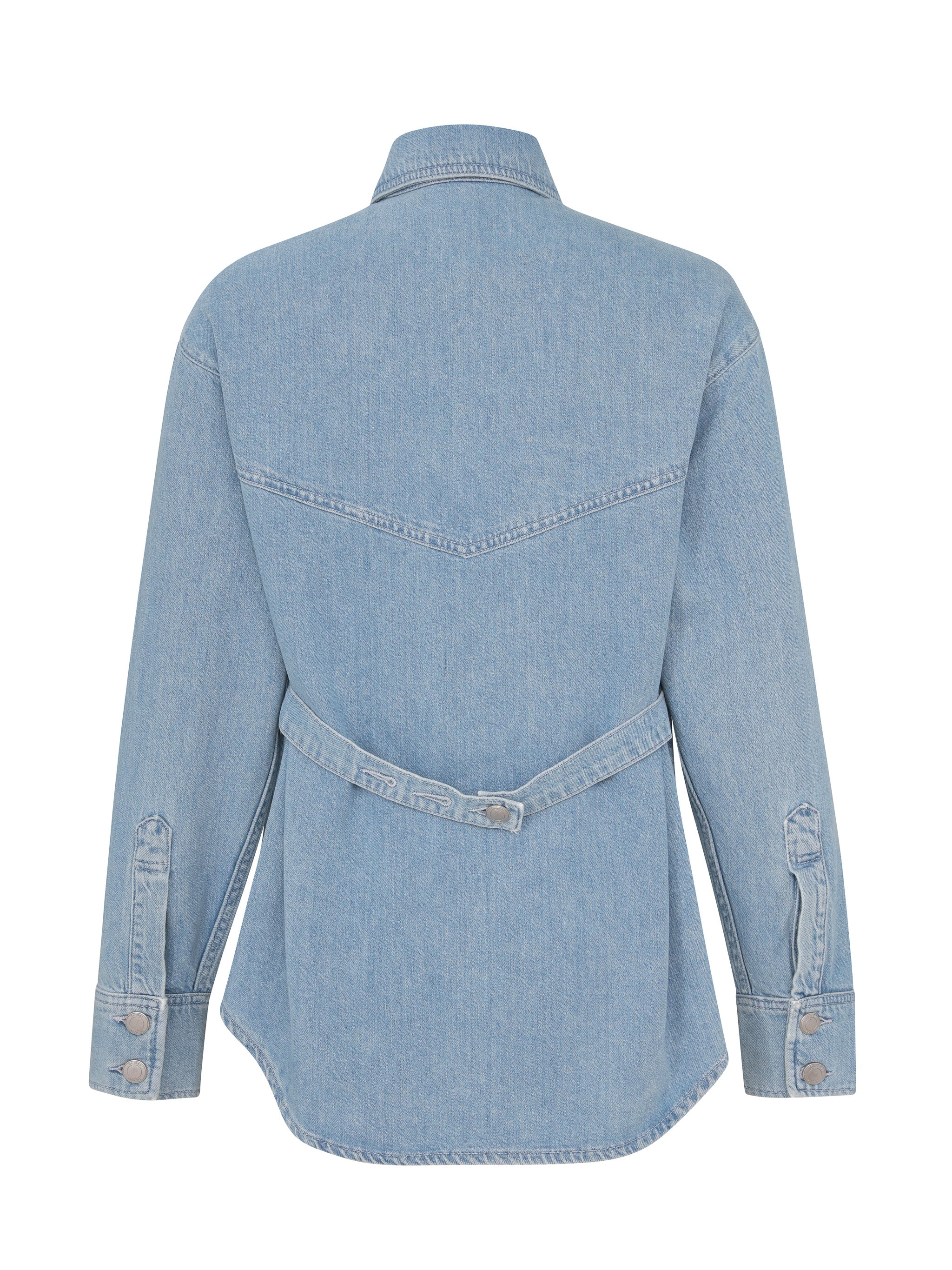 Light blue denim shirt on a white background