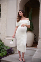 Bumpsuit Maternity Soft Mesh Off the Shoulder midi dress in lemon color