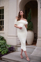 Bumpsuit Maternity Soft Mesh Off the Shoulder midi dress in lemon color