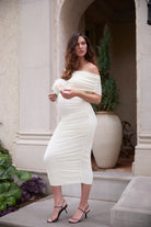 Bumpsuit Maternity Soft Mesh Off the Shoulder midi dress in lemon color