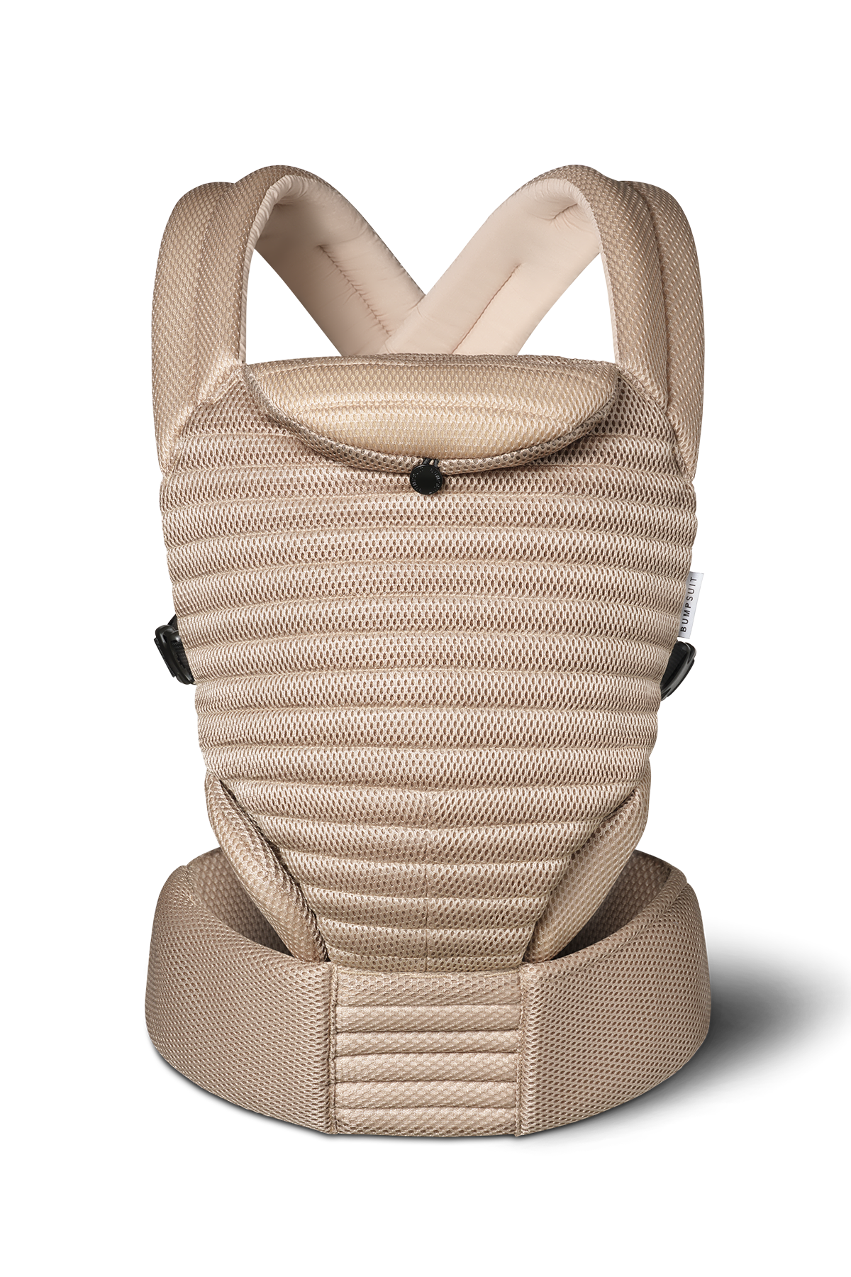 A mesh tan Bumpsuit baby carrier with a textured, ribbed front panel and padded shoulder straps, shown from the back against a white background.