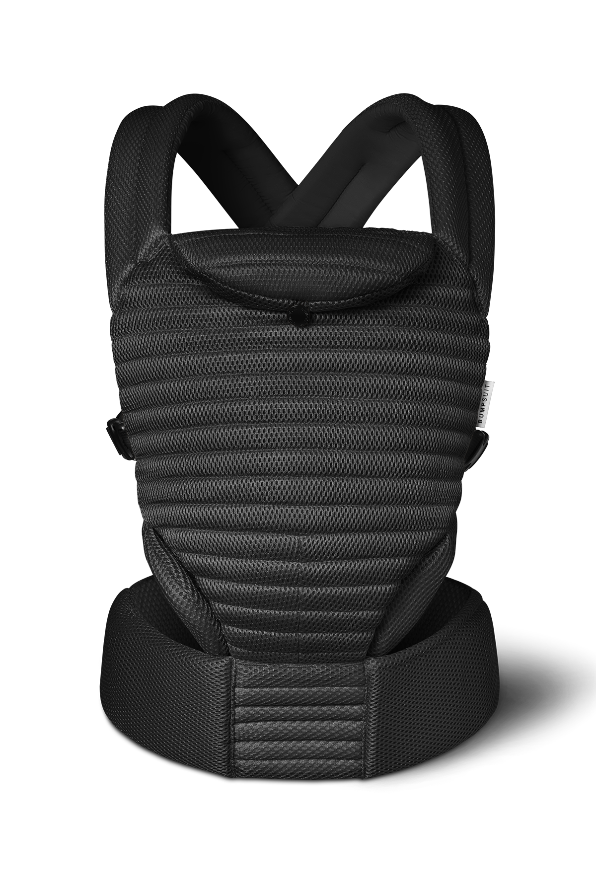A Bumpsuit Mesh black baby carrier with a textured, ribbed fabric body and padded shoulder straps, shown from the back on a white background.