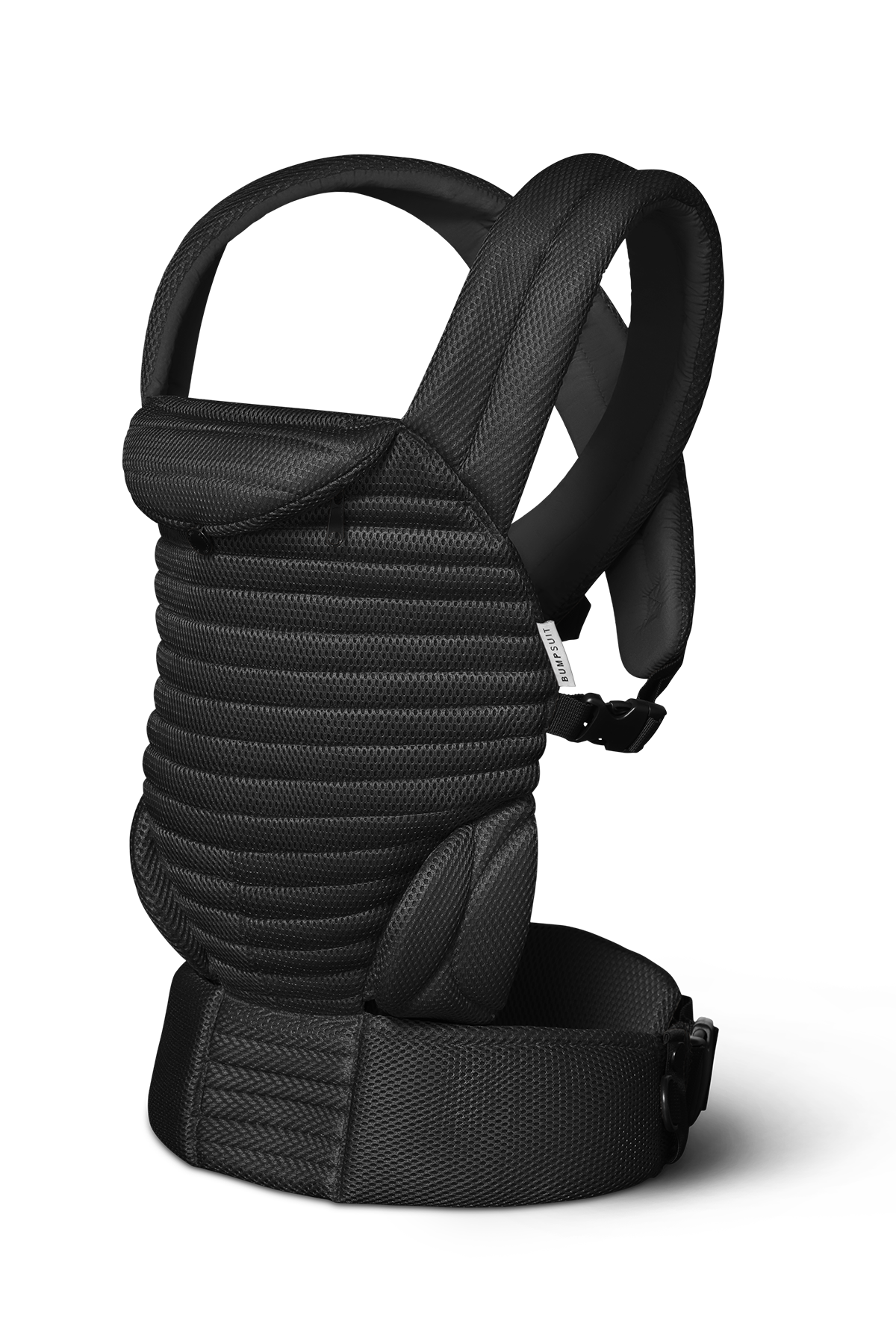 A black mesh Bumpsuit baby carrier with padded shoulder straps, a ribbed front panel, and an adjustable waist belt, shown on a clean white background.