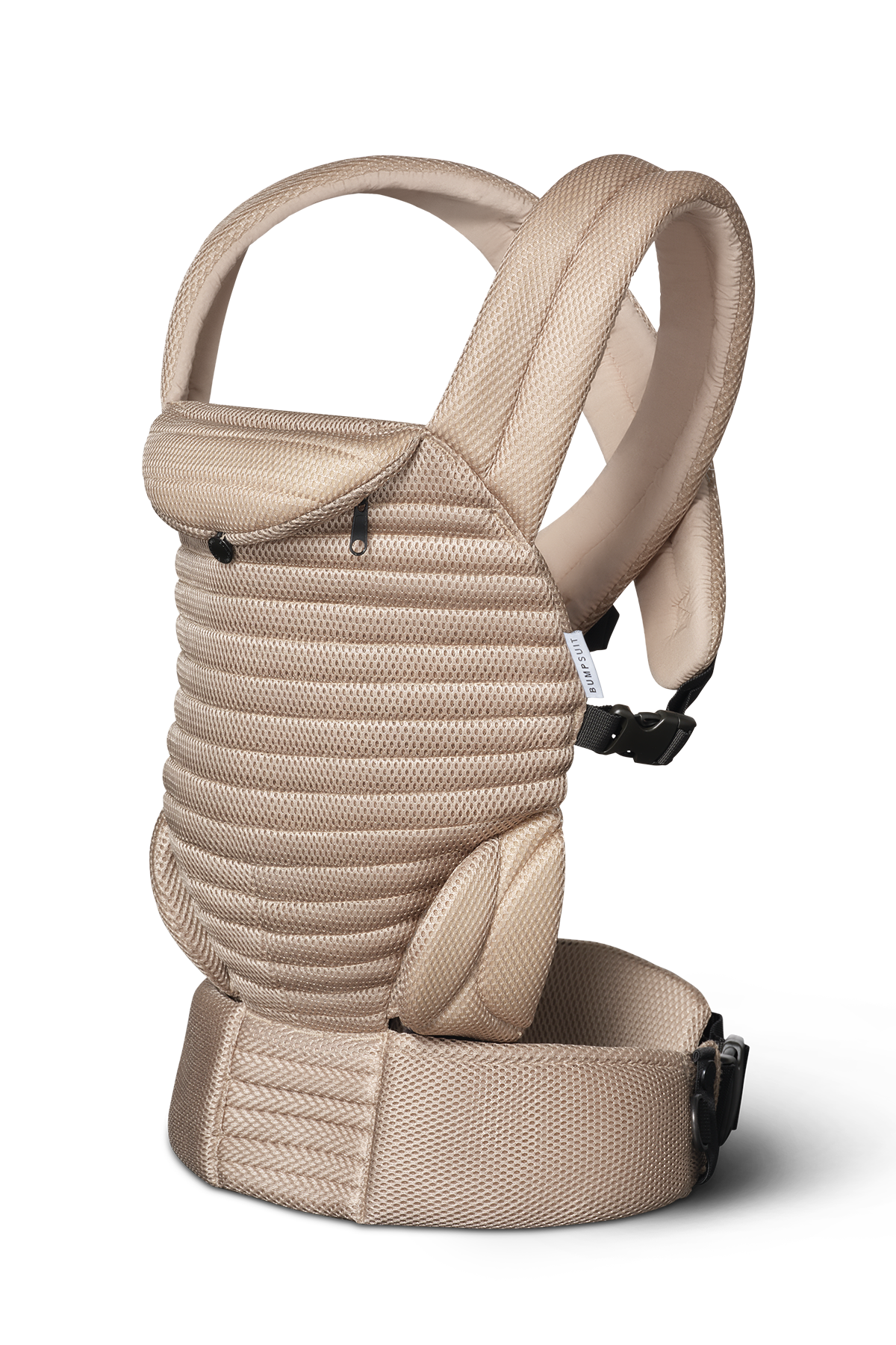 A tan mesh bumpsuit baby carrier with a textured mesh fabric, padded shoulder straps, and black plastic buckle closures, shown against a plain white background.